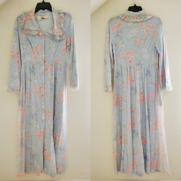 60s 70s Vintage Vera Floral Print Long Sleeve Maxi House Dress - Picture 2 of 10
